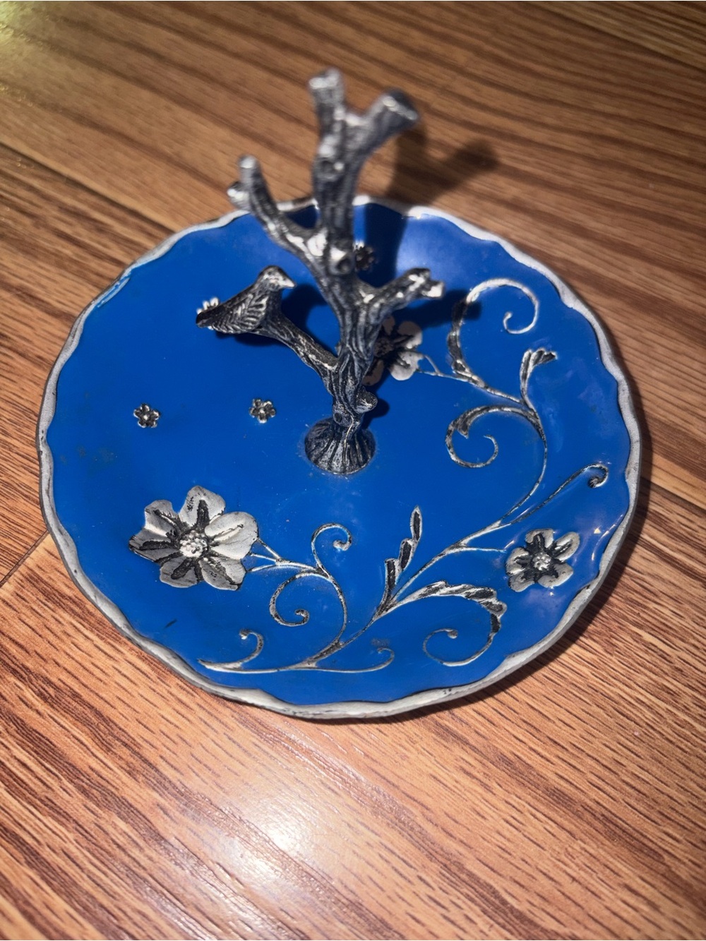 Cynthia Rowley Blue Enamel Jewelry Dish with Silver Floral Tree Ring Holder